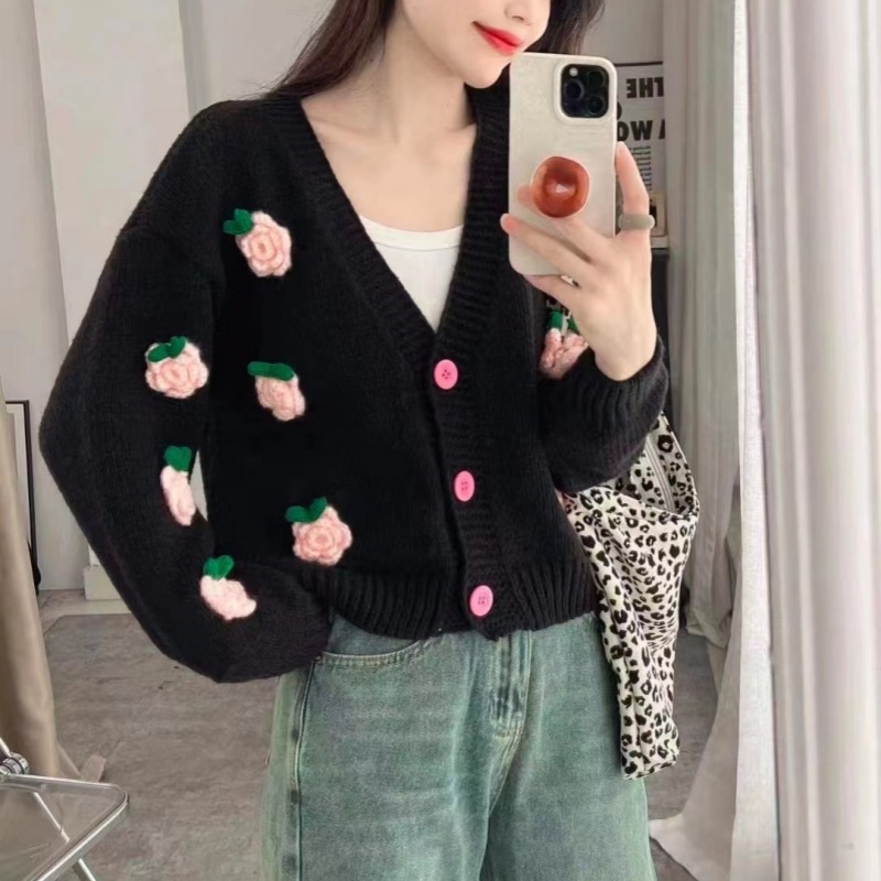Correo romántico flor tridimensional cardigan de punto otoño y invierno nuevo estilo retro estilo estilo exterior suéter exterior abrigo mujer image 11