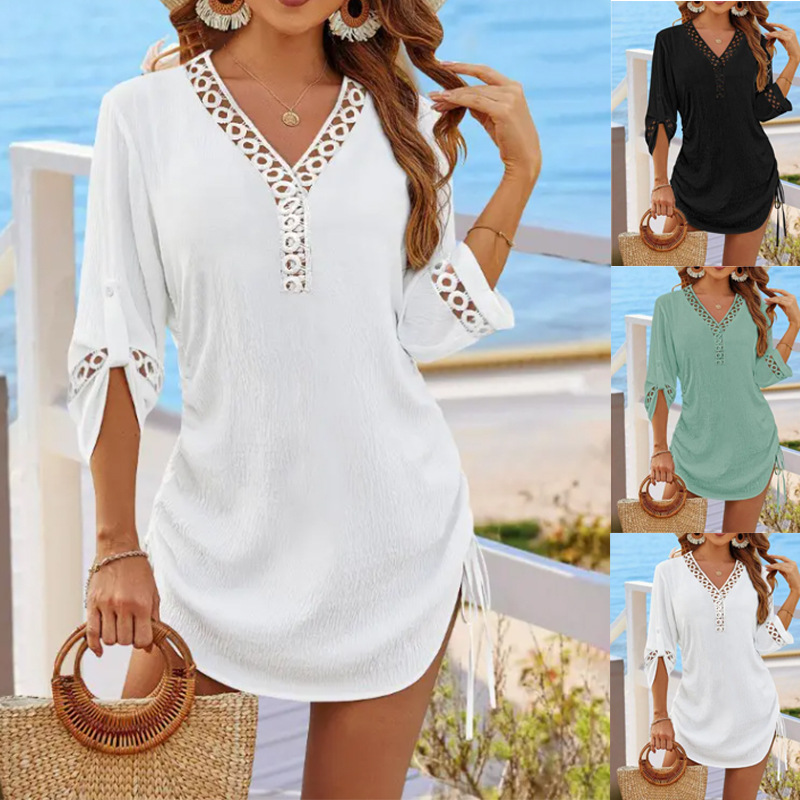 유럽과 미국의 국경 간 아마존 2025 여성 수영복 비키니 수영복 블라우스 드로우 스트링 비치 원피스 셔츠