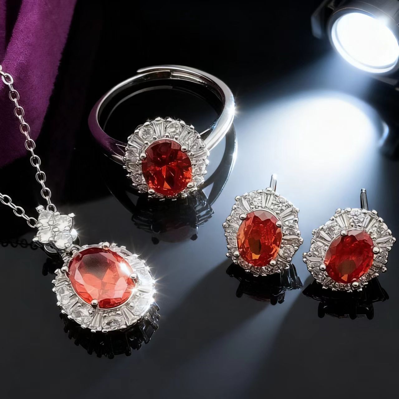 直播货源仿真彩宝石首饰蛋形三件套装主石吊坠8*10戒指7*9耳丁6*8