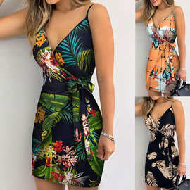 爆款欧美性感时尚吊带短裙印花ebay2023修身创意V领沙滩裙女跨境
