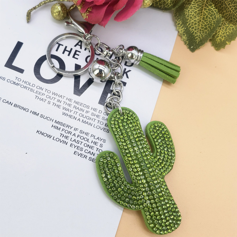Cross-border new Korean velvet rhinestone cactus keychain pendant DIY plant tassel bag accessories