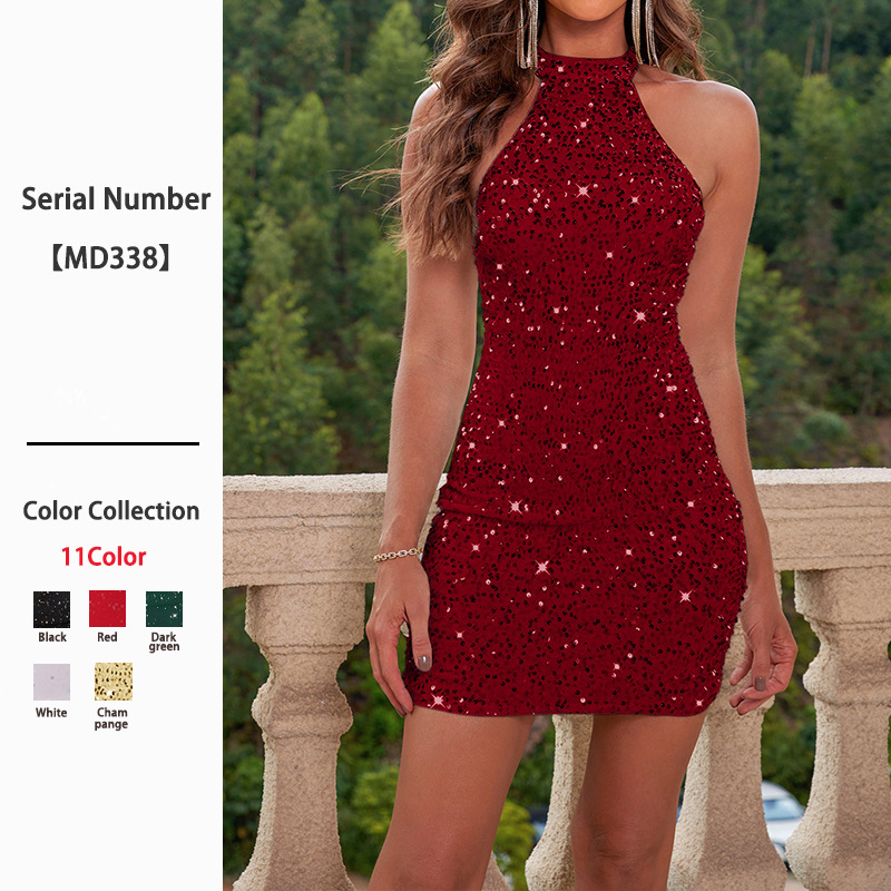 European and American Velvet Sequin Dress Shiny Backless Mini Sexy Hip-Hugging Short Skirt for Ladies Homecoming Party