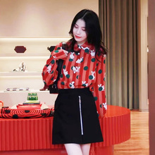 卡纷25春新品兔子印花红色真丝衬衫马戏团波点条纹休闲长袖衬衣