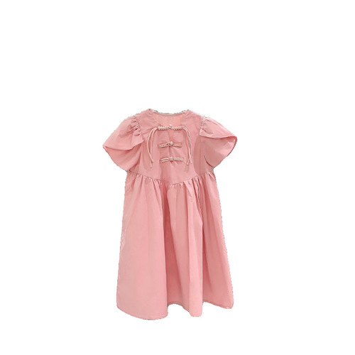 Girls' Summer Short-Sleeve Dress in Traditional Chinese Style, Solid Color, Suitable for Middle and Large Children, Elegant and Fashionable, Chic and Charming, Princess Dress