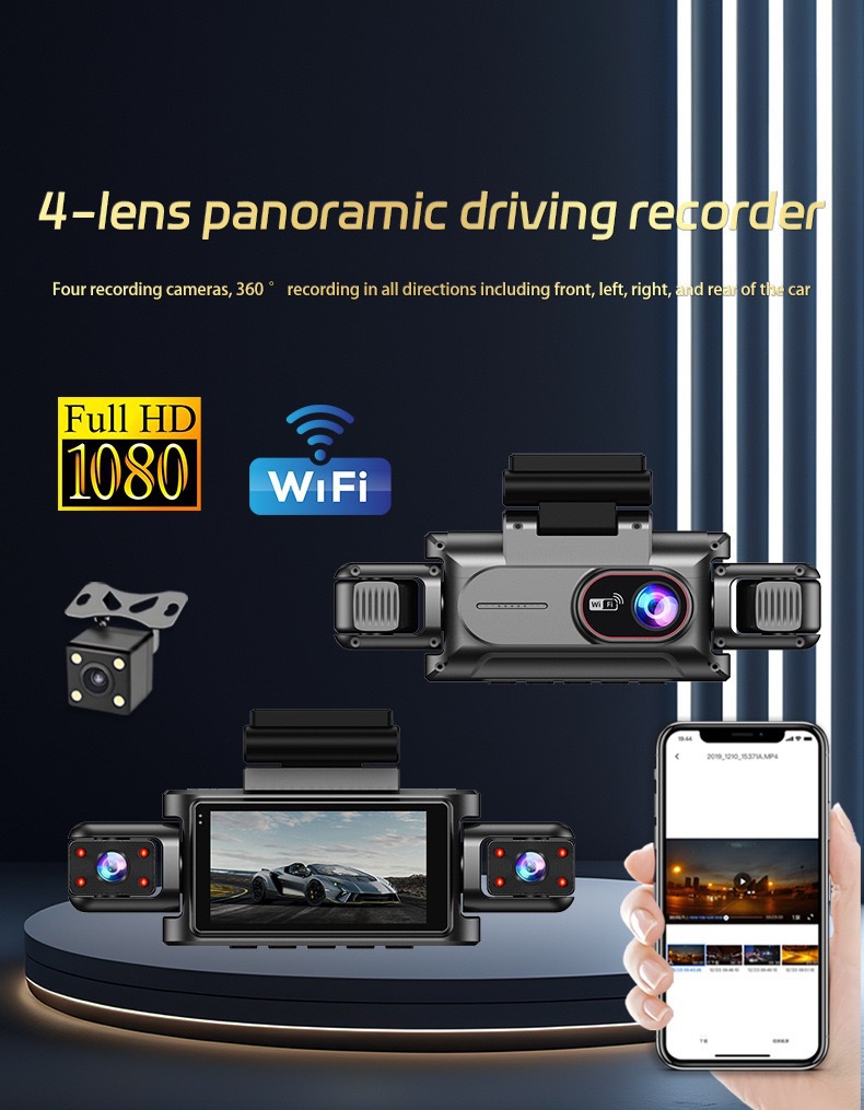 Cross-Border 3.0inch Hd Dash Cam with Four Cameras, Wifi Mobile Phone Connectivity, High-Definition Night Vision, Four-Lens Video Recording
