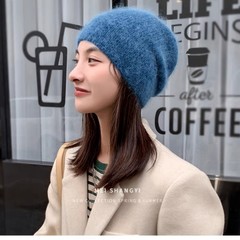 高级感兔毛针织帽显脸小女秋冬保暖百搭网红直筒包头帽堆堆毛线帽