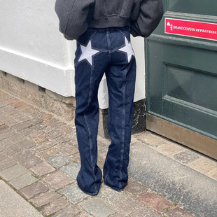Cross-border AliExpress European and American style retro y2k hot girl back five-pointed star jeans contrast stitching casual pants