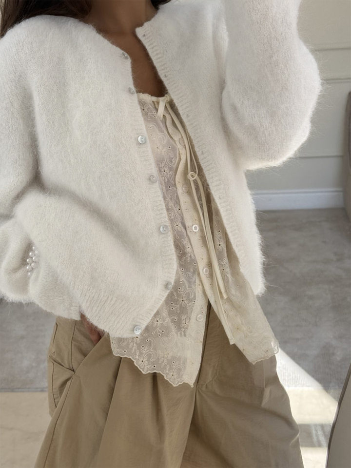 Áo khoác cardigan len nữ dáng rộng một hàng cúc, chất liệu dệt kim mềm mại, phong cách thanh lịch — Màu hồng nhạt (hàng có sẵn), Màu xanh lá cây (có hàng), Màu xanh ô liu (đốm), Màu xanh đậm (Còn hàng)