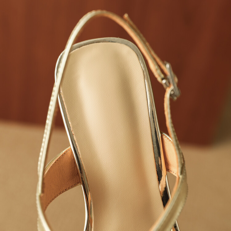 Sandal cao gót nữ da thật mũi vuông hở mũi gót thô 9 cm — Màu vàng, Màu bạc chi tiết 61