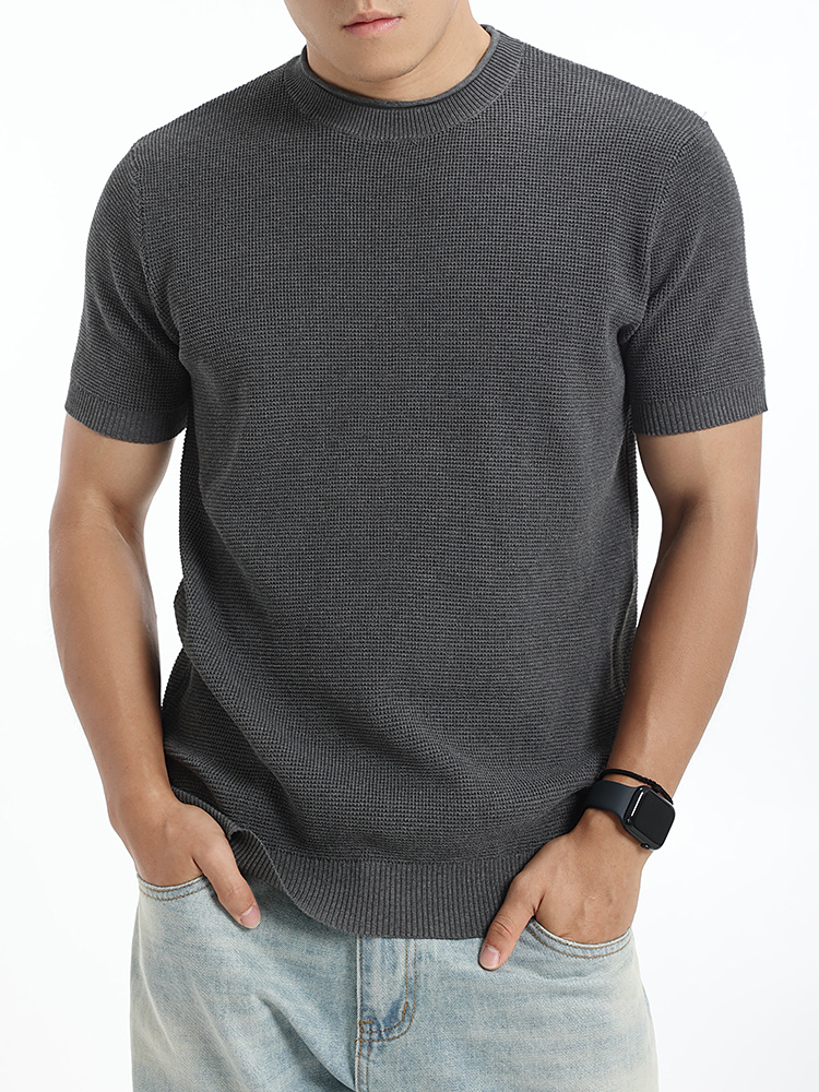 Europa y los Estados Unidos transfronterizos camiseta de hielo sólido Waffle texturizado camiseta de manga corta de punto hombre chaqueta casual de verano