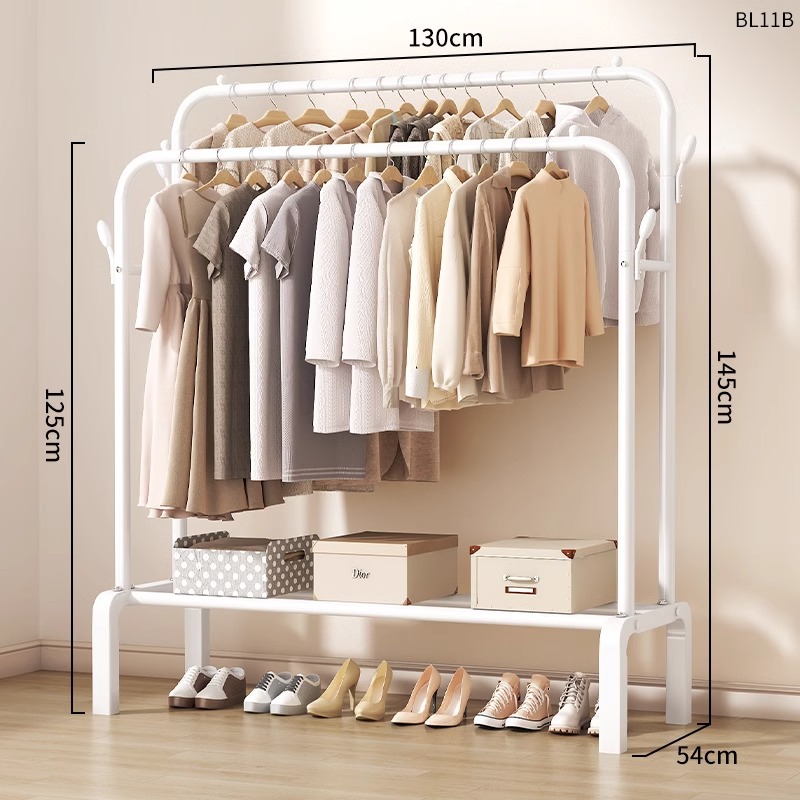 130cm 흰색 [이중 극 + 단층 수납 + 코트 후크] 두꺼운 파이프 직경
