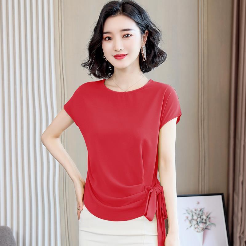 Hem Knotted Top 2023 New Women's T-shirt Short Sleeve Stylissed Waist Covering Belly Chiffon Half Sleeve T-shirt Women's Summer