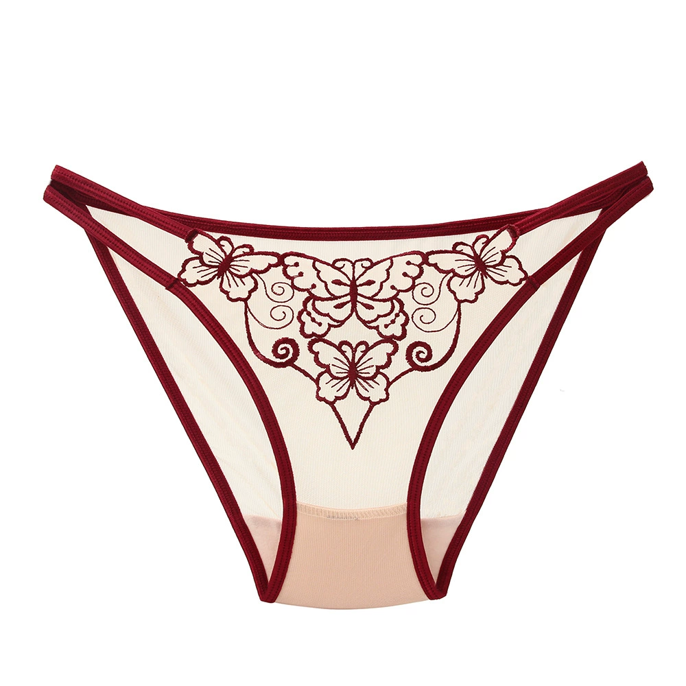 Letrista Embroidered Lingerie Trousers - Comfortable Breathable Mid Rise, Burgundy/Gray Blue, Average