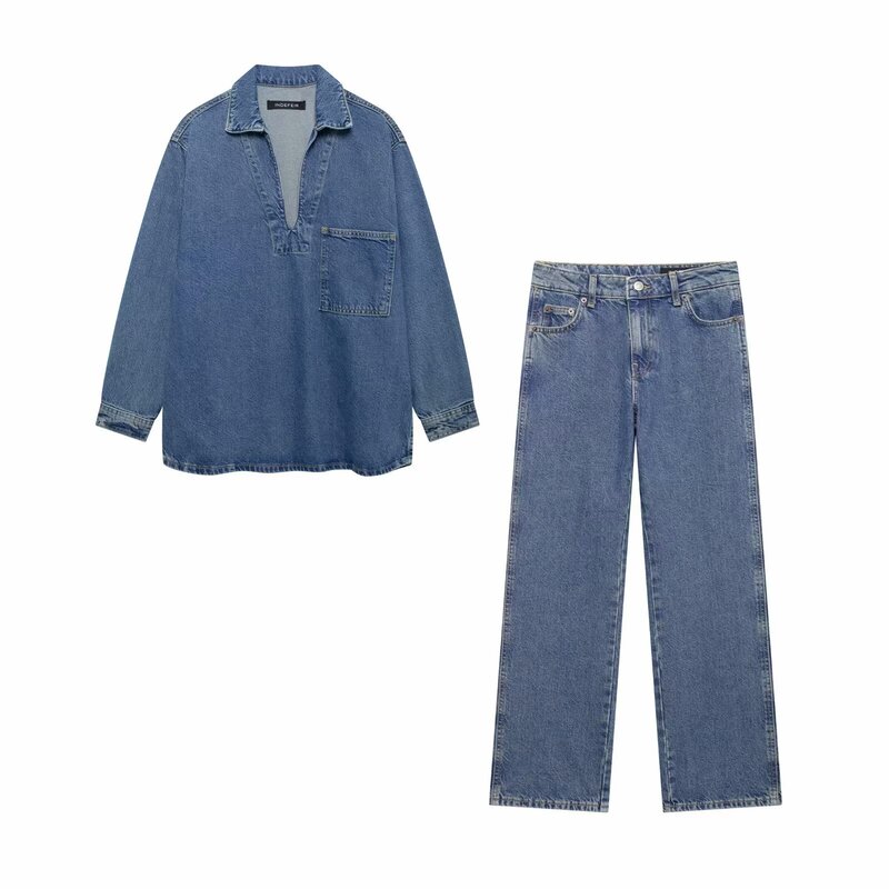 European and American style women's cross-border new POLO collar Denim long sleeve shirt high waist and naked flared jeans suit