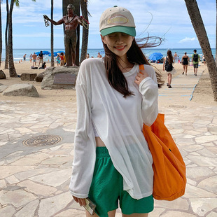 2023 Simple and Fashionable New Women's Long-Sleeved Round Neck Anti-Soothing Blouse Loose Sports Slimming Beach bikini