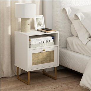 Rattan Bedside Table Wood Nightstand with Storage Drawers and Open Shelves for Bedroom Living Room Office