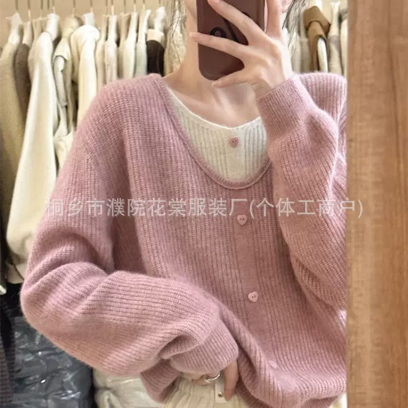 大码女装秋冬法式复古慵懒风绿色假两件毛衣针织衫女宽松显瘦上衣