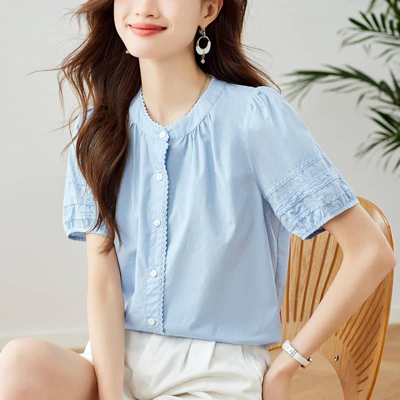 Factory Direct Sale Lace Round-Neck Short-Sleeve Blouse 2026 Summer New Commuter Sweet Style Unique Chic Top Factory Direct Sale Lace Round-Neck Short-Sleeve Blouse 2026 Summer New Commuter Sweet Style Unique Chic Top