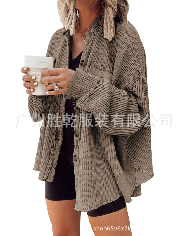 2025欧美跨境外贸秋冬拼接针织开衫外套女时尚休闲小立领口袋华夫|undefined