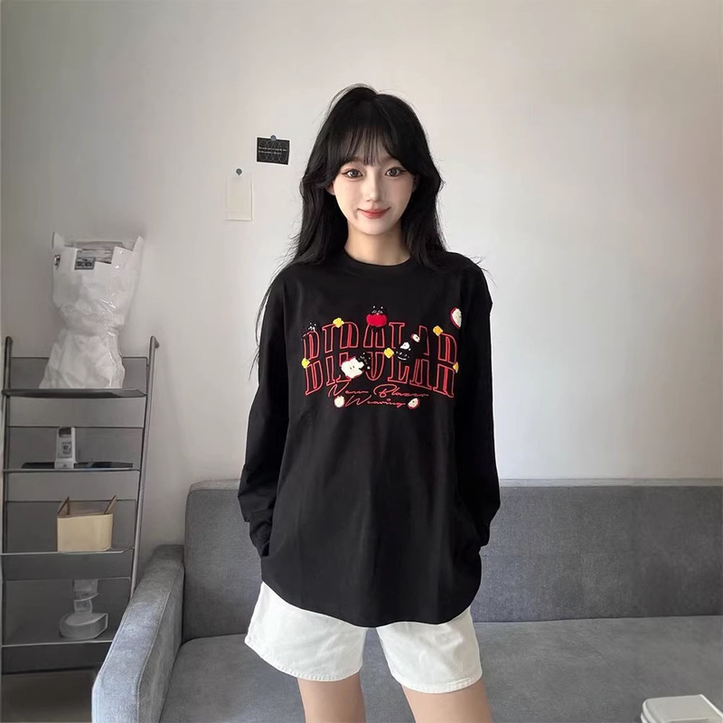 Trendy American-Style Apple Cat Embroidered Long-Sleeve T-Shirt, Pure Cotton Casual Base Shirt, Loose Fit Versatile Couple's Top