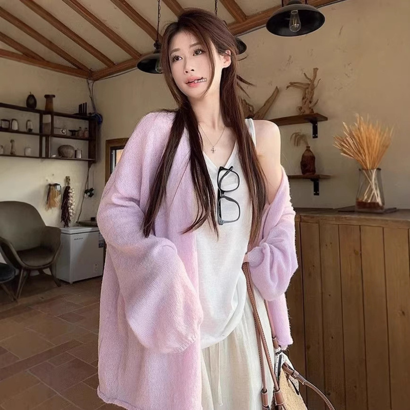 Korean-Style Sweet Dopamine Long-Sleeve Knit Cardigan for Women, Summer Thin Loose Sun-Protective Cover-Up, Versatile Slimming Top