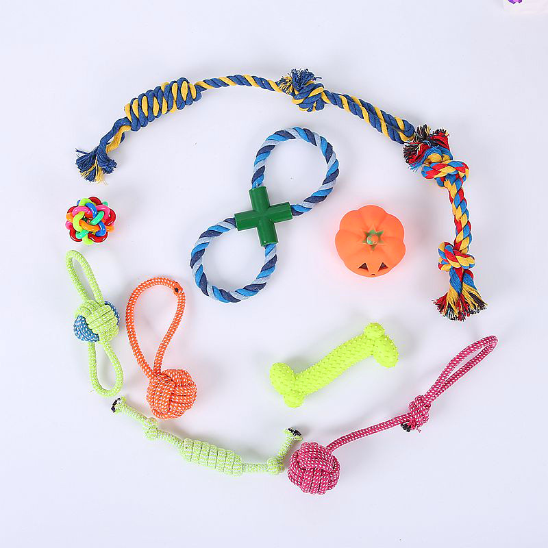 Los fabricantes suministran combinación de juguetes para mascotas, juego de 10 piezas, juguetes para mascotas tpr, juguetes molares de cuerda para perros Corgi