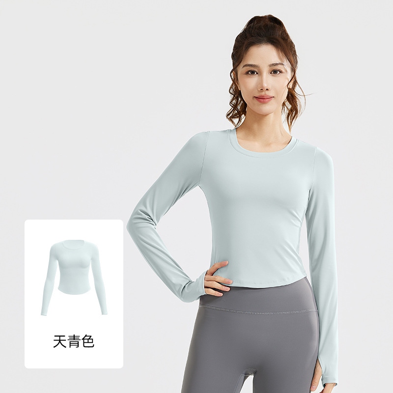 Juyi Tang nuevo deporte de mangas largas desnudas camiseta deportiva de correr delgada apertada sin sujetador ropa de yoga para mujeres