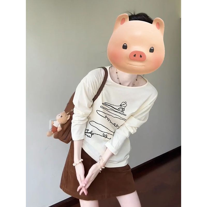 慵懒风松弛感罩衫女早秋季穿搭遛狗印花长袖t恤宽松百搭薄款上衣|undefined