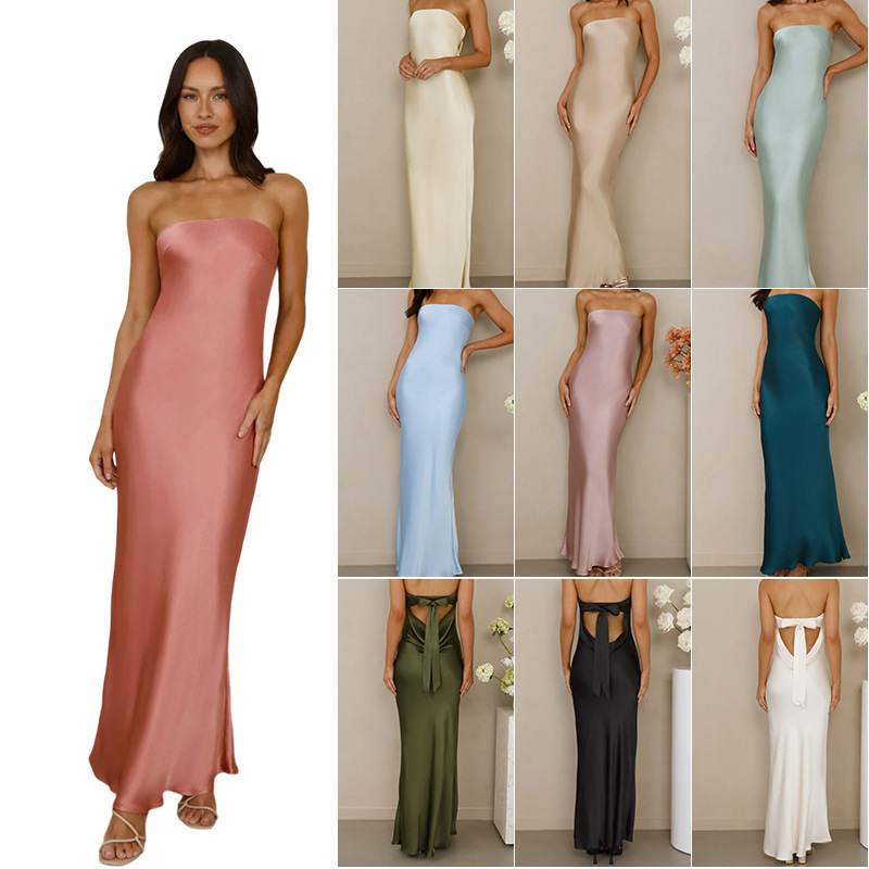European and American Amazon 2025 New European and American Elegant Celebrity Satin Backless Lace-Up Tube Top Pure Color Long Dress
