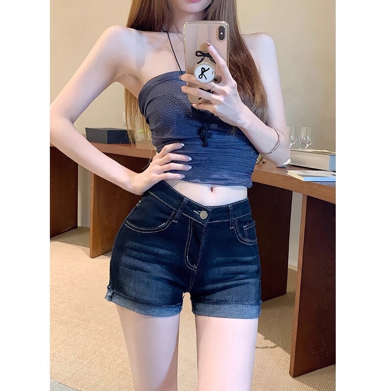 Dark Blue Mid-Waist Stretchy Denim Shorts with Rolled Hem Design for Women, American Style, Slim Fit, Butt-Lifting A-Line Hot Pants Dark Blue Mid-Waist Stretchy Denim Shorts with Rolled Hem Design for Women, American Style, Slim Fit, Butt-Lifting A-Line Hot Pants