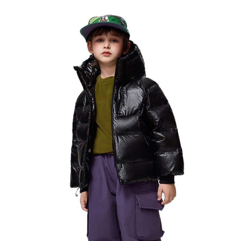 Lekka kurtka puchowa dla dzieci z kapturem – ciepły i wygodny zimowy płaszcz dla chłopców i dziewcząt (pomarańczowy, czarny, zielony, fioletowy) – wypełnienie z białego puchu kaczego_voghion.com