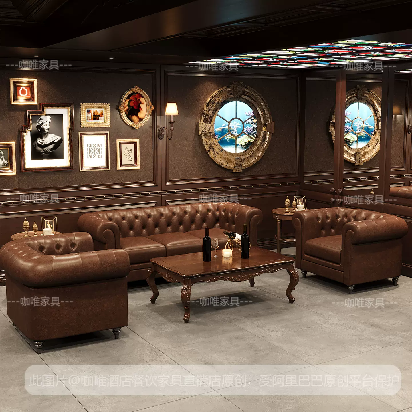 美式复古酒吧雪茄吧沙发清吧威士忌吧老虎椅西餐咖啡厅桌椅组合