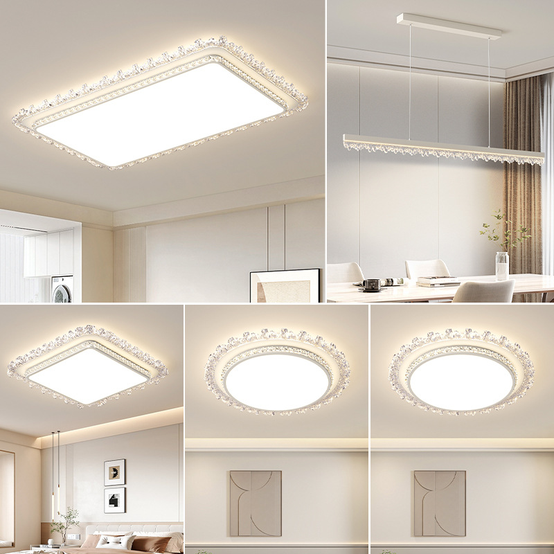 Lámpara de techo de protección ocular de espectro completo 2025 nueva lámpara de salón de cristal de lujo ligero paquete de iluminación para toda la casa simple moderna