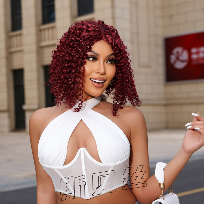 Burgundy African Curly Wig for Women, Roman Curly Hair, Medium-Length Bob, Long Curly Hair, Factory Processing