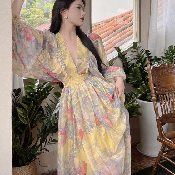 French Court Style Lantern Sleeve Yellow Printed dress Photo Long Dress Bohemian Beach Dress Women's Summer
