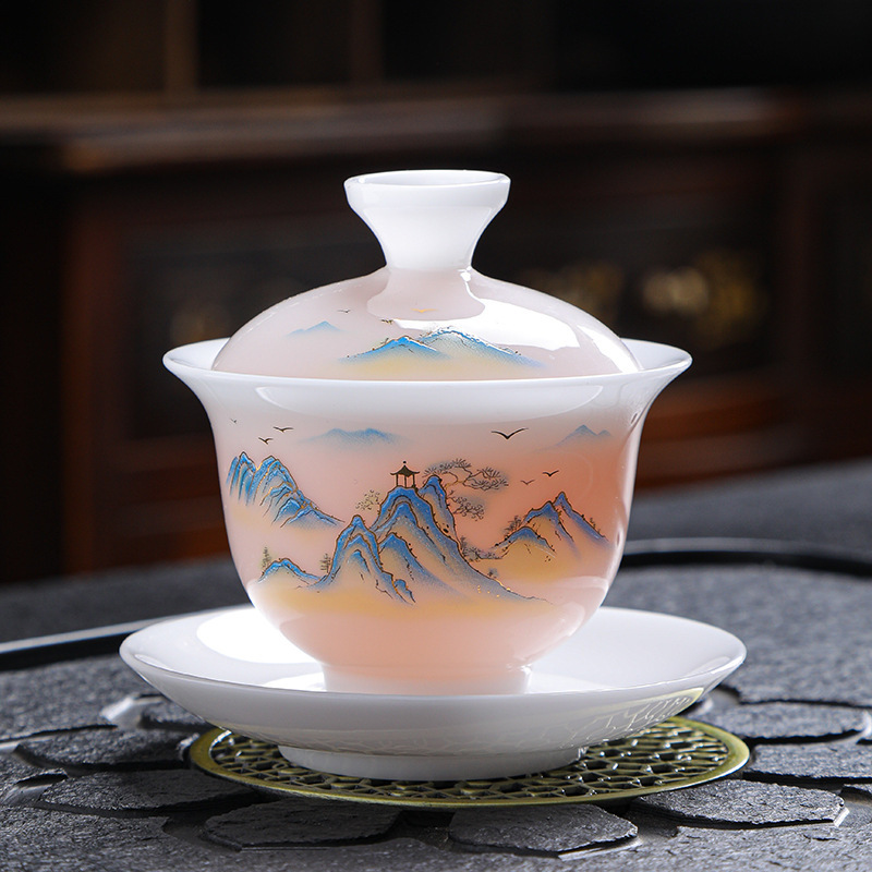 Sicai Gai Bowl Thousands of Miles Rivers and Mountains Landscape Single Tea Bowl Dehua Kung Fu Tea Set Ceramic High-grade Ice Breed Tea Cup Sicai Gai Bowl Thousands of Miles Rivers and Mountains Landscape Single Tea Bowl Dehua Kung Fu Tea Set Ceramic High-grade Ice Breed Tea Cup