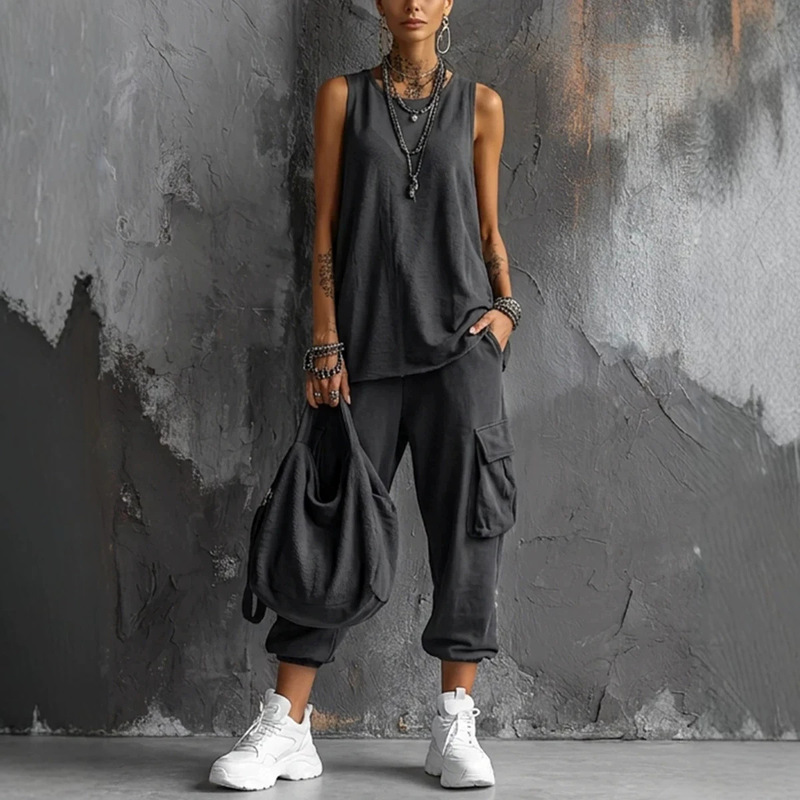 Spring and Summer European and American Cross-Border Amazon Independent Site 2026 New Casual Round-Neck Knitted Vest and Cargo Pants Set for Women
