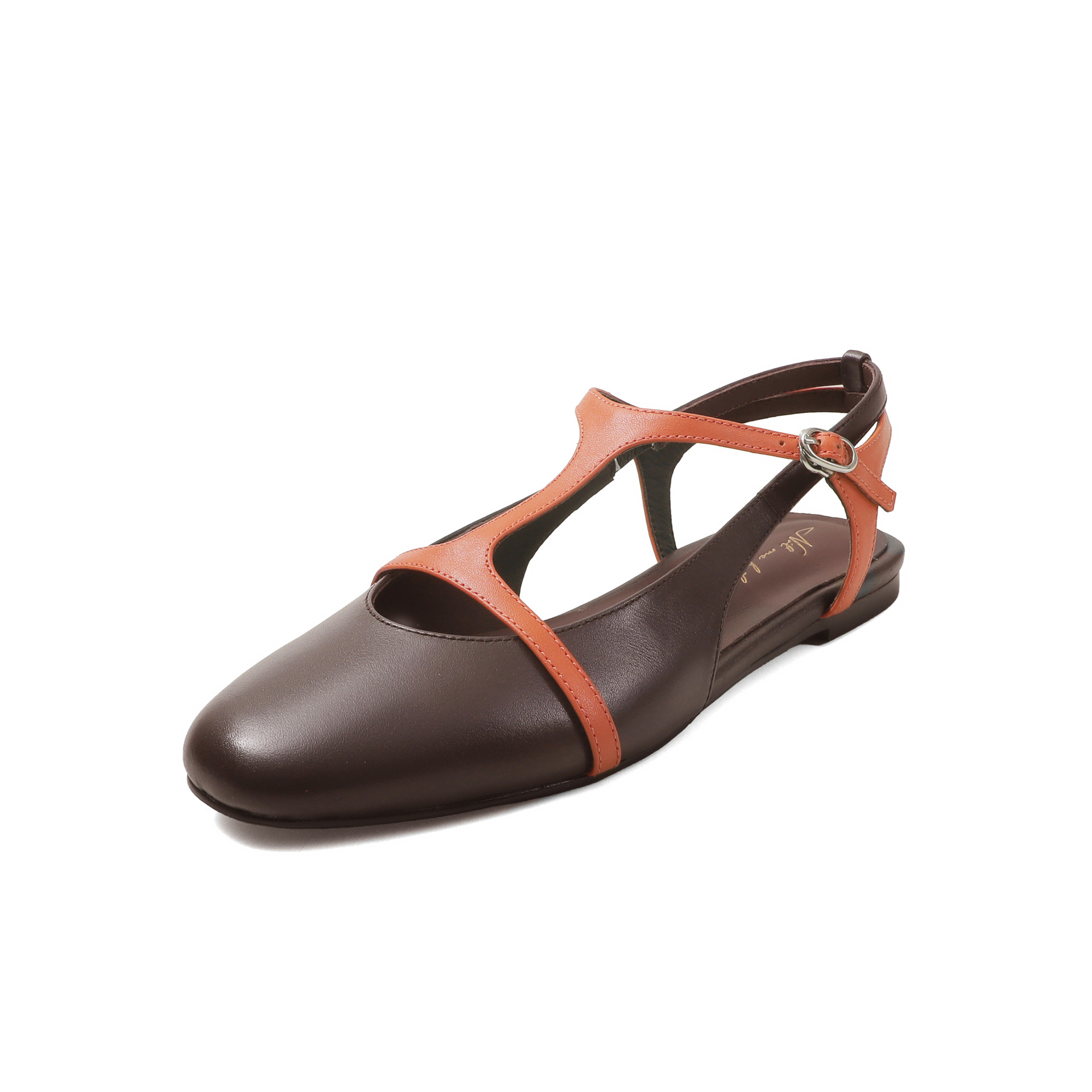 Sandal nữ quai chữ T bít mũi đế bệt da bò phối màu phong cách Hàn — màu nâu chi tiết 25