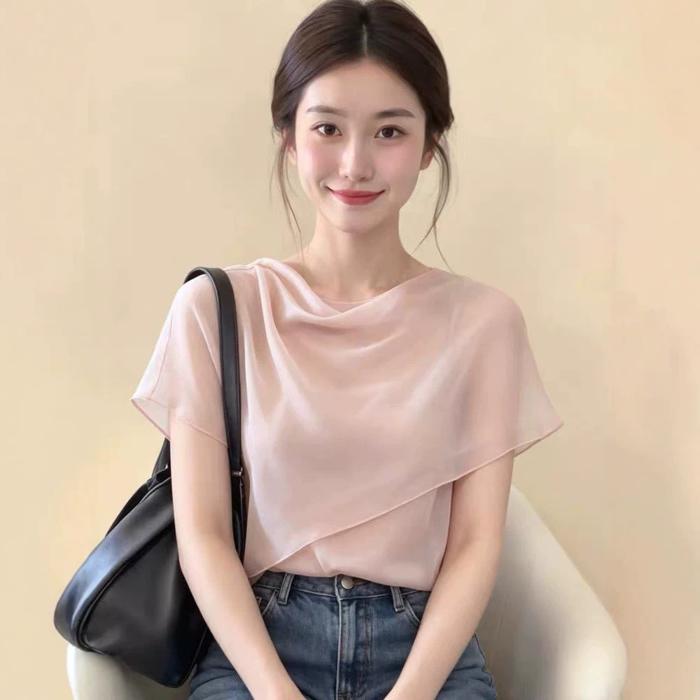Áo sơ mi nữ tay ngắn cổ lắc choàng kiểu Pháp thiết kế sang trọng — màu hồng chi tiết 2