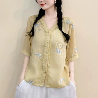 夏季新款v领苎麻刺绣衬衫薄款透气气质T恤女装