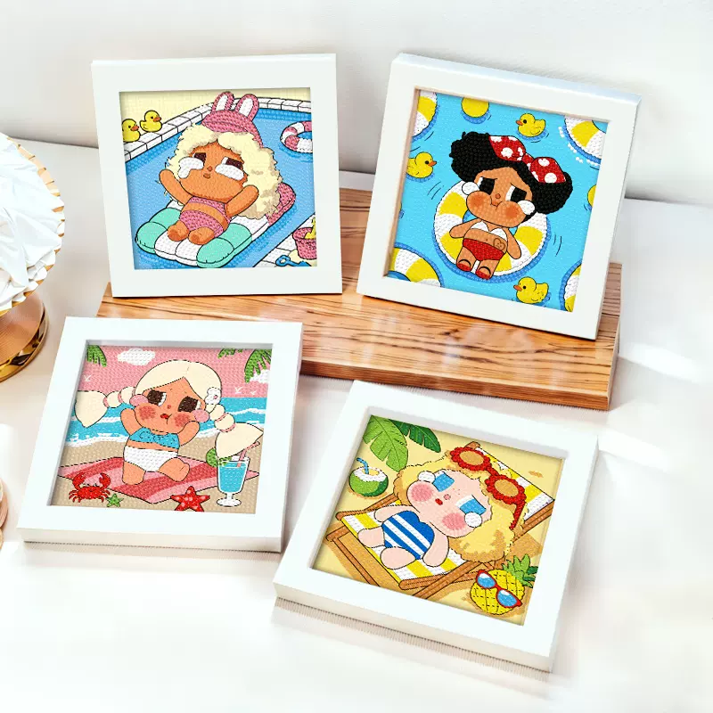 哭娃钻石画crybaby手工DIY钻石贴画沙滩小憩砖石画带框礼物批发