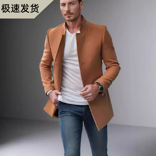 2024 Cross-border Men's Spring and Autumn British Style Trench Coat Fashion Trend Double Collar Long Sleeve Wool Coat