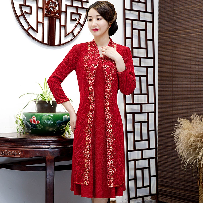 Свадебная одежда для матери из композитного материала, платье Cheongsam с воротником-стойкой, костюм больших размеров, комплект из двух предметов, производитель, вышивка, цельный, Прямая доставка