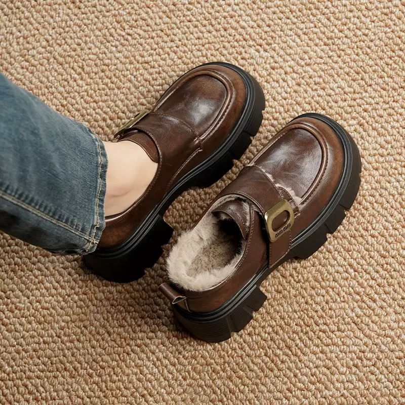 厚底魔术贴乐福鞋女2025新款秋季复古英伦风黑色百搭粗跟小皮鞋