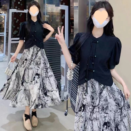Chinese-style set including a short-sleeve, traditional short dress for women, retro, ink-wash summer top, slimming, two-piece set