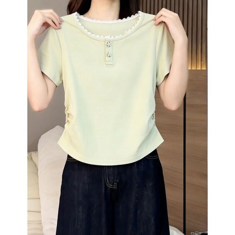 Cross-Border Taiwan In-Stock Items [Laiya × Tailor Your Style] Green Lace Patchwork Short-Sleeve T-Shirt for Women, Summer