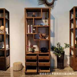全实木博古架侘寂风茶杯多宝阁收纳柜实木老木展示架茶室置物架
