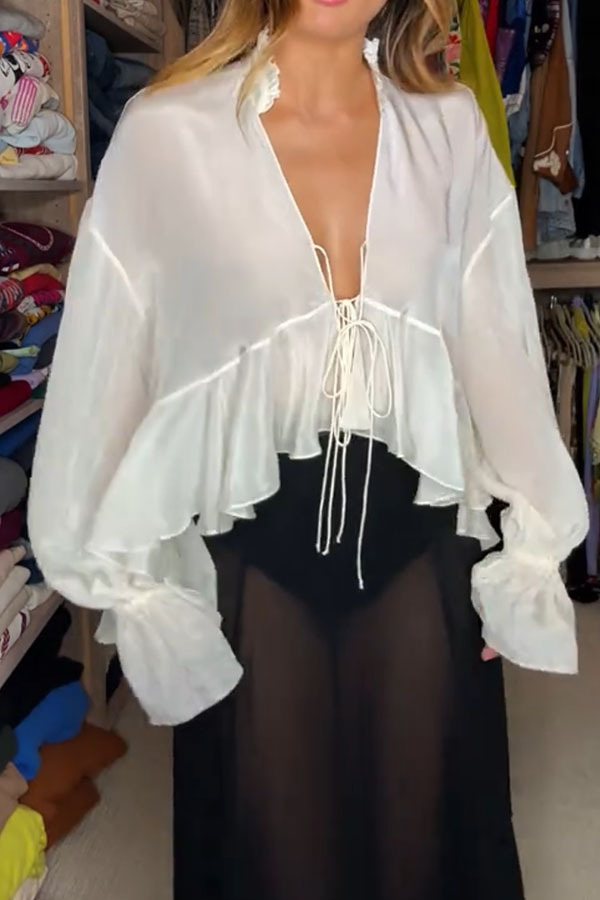 Flounce Sleeve Sleeve Type Polyester Fabric Type Regular Top Length Wholesale Women's Polyester Vacation Solid Color Long Sleeve Blouses
