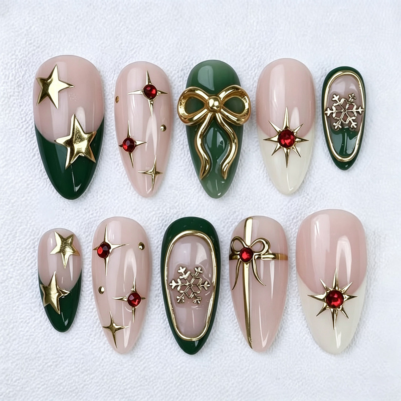 30 pieces of cross-border Christmas-themed, popular 3D embossed, exquisitely gilded butterfly-knot nail art, featuring snowflake and French manicure designs