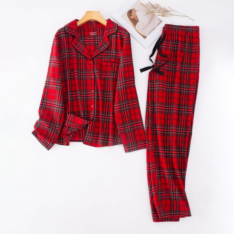 Autumn and winter men's and women's pajamas suit Christmas couple home wear flannel brushed red plaid loose plus size Long Sleeve